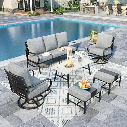 Sophia & William Patio Furniture Sets 7 Seats Outdoor Conversation Set 6 Pcs,2 x Cushioned Swivel Sofa Chairs,1 x 3-Seat Sofa,2 Ottomans, Marbling Metal Coffee Table Patio Backyard Poolside Grey