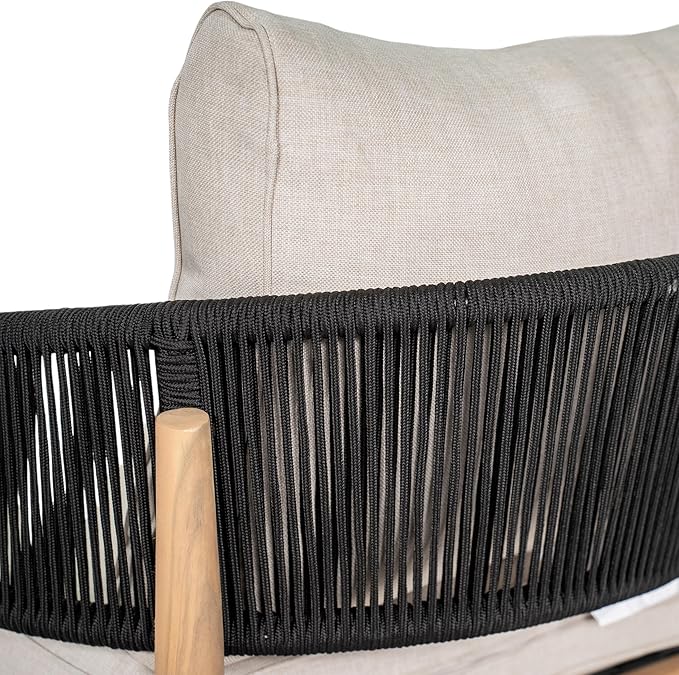 Christopher Knight Home Katarina Patio Acacia Wood Loveseat Furniture, Outdoor Loveseat Sofa with Comfy Fabric Cushions, 2-Seater Sofa with Handwoven Rope Backrest for Garden/Backyard, Black+Beige
