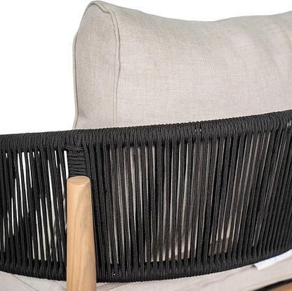 Christopher Knight Home Katarina Patio Acacia Wood Loveseat Furniture, Outdoor Loveseat Sofa with Comfy Fabric Cushions, 2-Seater Sofa with Handwoven Rope Backrest for Garden/Backyard, Black+Beige