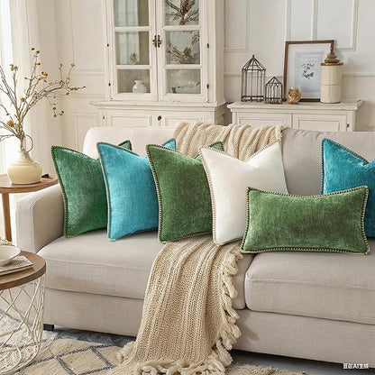 decorUhome Christmas Chenille Soft Throw Pillow Covers 16x16 Set of 2, Farmhouse Velvet Neutral Decorative Euro Pillow Covers with Stitched Edge for Couch Sofa Bed Home Decor, Green