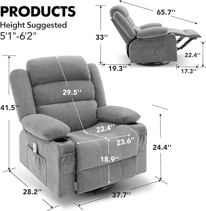 Oversized Recliner Chairs for Adults, 360° Swivel Rocking Recliner with Heat and Massage Lazy Boy Recliner,Recliner Chairs Single Sofa Seat with Cup Holders
