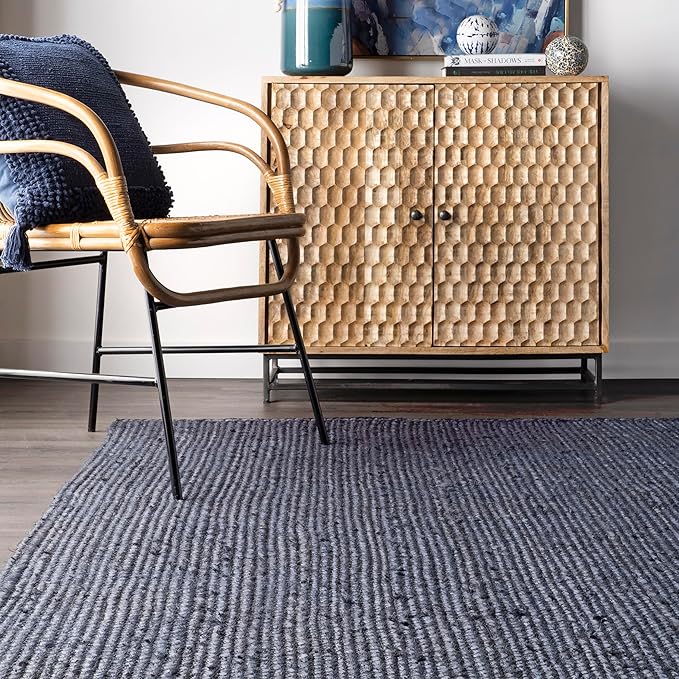 nuLOOM 5x8 Rigo Jute Hand Woven Area Rug, Navy, Solid Farmhouse Design, Natural Fiber, For Bedroom, Living Room, Dining Room, Hallway, Office, Kitchen, Entryway