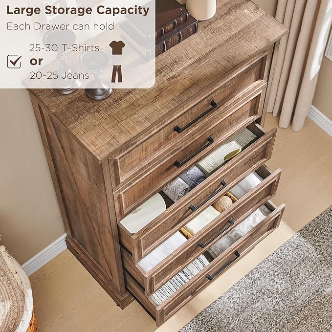ACCOHOHO Farmhouse 5 Drawers Dresser Chests for Bedroom,46" Tall Wood Rustic Chest of Drawers with Wide Metal Handle,Natural Texture,Drawer Organizer for Bedroom,Living Room,Hallway and Entryway,LB