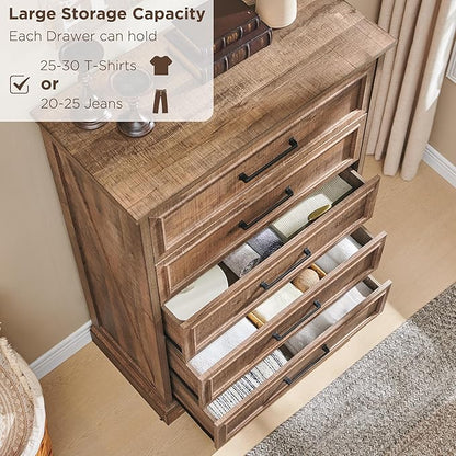 ACCOHOHO Farmhouse 5 Drawers Dresser Chests for Bedroom,46" Tall Wood Rustic Chest of Drawers with Wide Metal Handle,Natural Texture,Drawer Organizer for Bedroom,Living Room,Hallway and Entryway,LB
