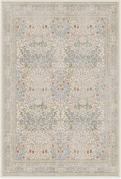 RUGGABLE x Morris & Co Washable Area Rug – Blackthorn Ivory Blue 6x9, Stain-Resistant, Non-Slip – Medium Machine Washable Rugs for Living Room, Bedroom, Hallway, Entryway & Office–with Standard Pad