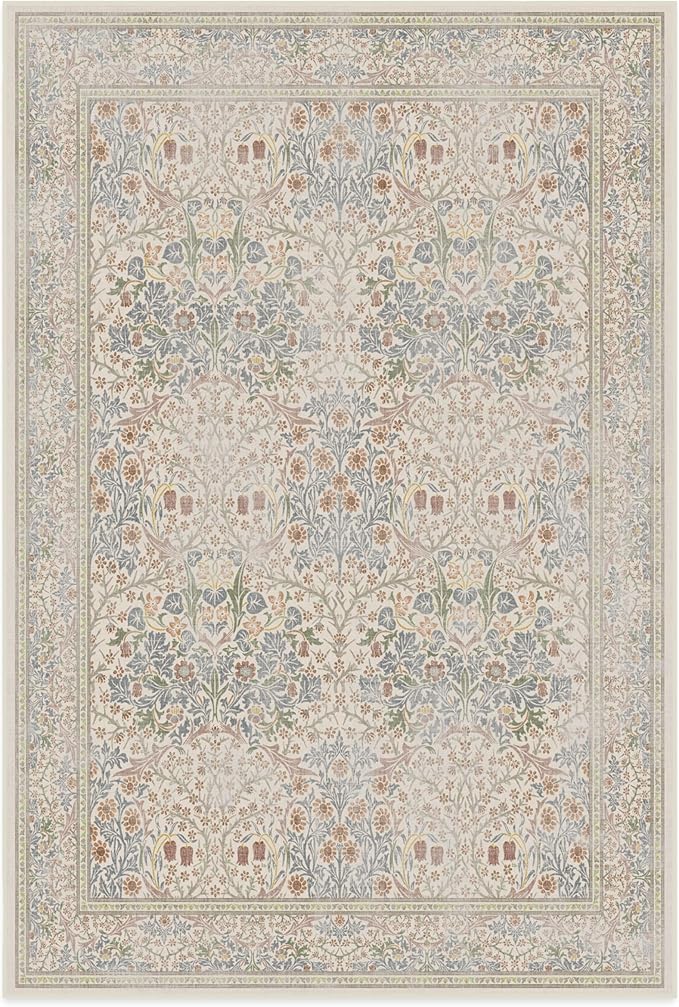 RUGGABLE x Morris & Co Washable Area Rug – Blackthorn Ivory Blue 6x9, Stain-Resistant, Non-Slip – Medium Machine Washable Rugs for Living Room, Bedroom, Hallway, Entryway & Office–with Cushioned Pad