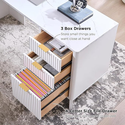 T4TREAM Fluted Executive Desk with Drawers, 60" Modern Home Office Computer Desk with Charging Station, File Cabinet, Keyboard Tray and Storage Cabinet for Study, Living Room, Bedroom, Solid White