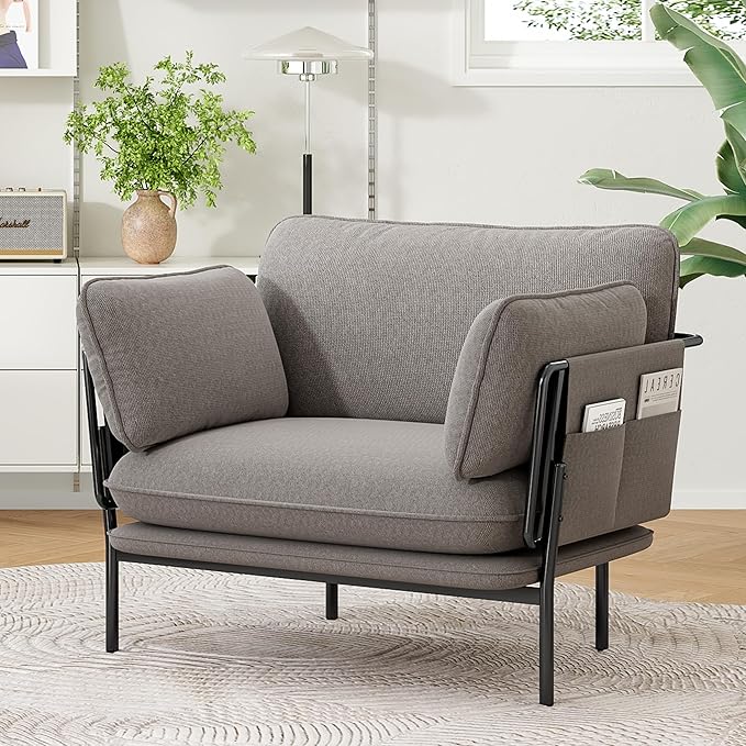 Modern Accent Chairs Set of 2, Oversized Living Room Chairs, Reading Chair with Solid Metal Legs, Fabric Armchair with Side Pockets and 2 Pillows, Accent Chairs for Bedroom, Nursery, Khaki