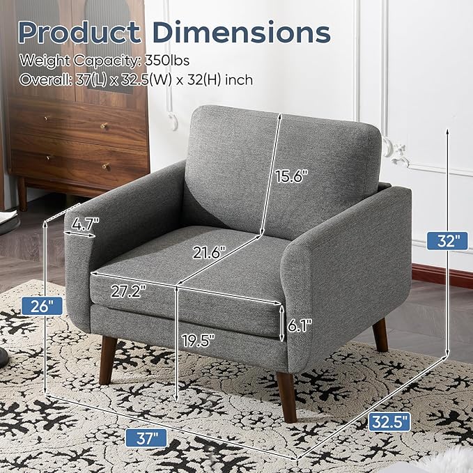 ELUCHANG Accent Chairs Set of 2, Oversized Mid Century Modern Arm Chair, Soft Linen Fabric Sofa Chairs Upholstered Comfy Chair for Living Room Bedroom Apartment (Grey)