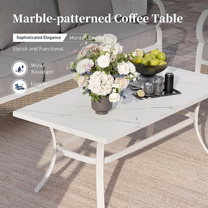 6 Piece Metal Outdoor Patio Furniture Set, Patio Conversation Sets 1 3-Seater Sofa, 4 Single Sofa with 5.75" Extra Thick Cushion and Coffee Table, White Frame Backyard Furniture, Gray