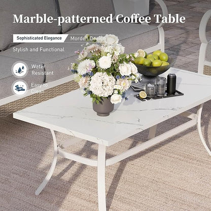 6 PCS Metal Outdoor Patio Furniture Set, Patio Conversation Set 1 3-Seater Couch, 2 Fixed Sofa, 2 Rocking Sofa with 5.75" Thick Cushion and Coffee Table White Backyard Furniture, Gray