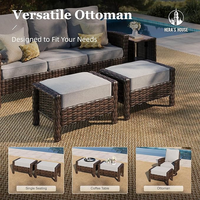 HERA'S HOUSE 8-Piece Outdoor Furniture Set with Fire Pit Table, Patio Conversation Set with 5.5" Thick Cushions & High Back Swivel Chairs, All-Weather Wicker Deep Seating Sofa with Ottomans, Grey