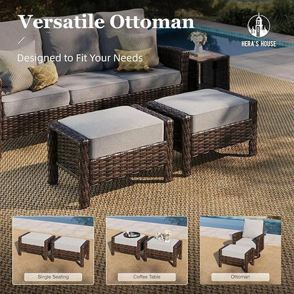 HERA'S HOUSE Grey Patio Furniture Set, High Back Wicker Sofa, Swivel Chairs with 5.5" Thick Cushions, 6-Piece Outdoor Seating Conversation Sets with Fire Pit Table & Ottomans for Deck Yard Garden