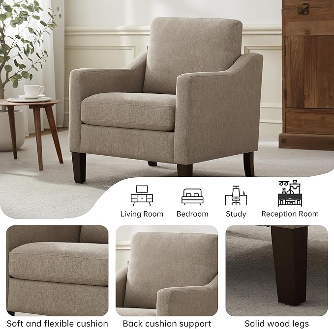 VKNOW Mid Century Modern Accent Chair, Upholstered Living Room Chairs Armchair for Bedroom, Comfy Reading Accent Chairs with Wood Legs for Living Room, Brown