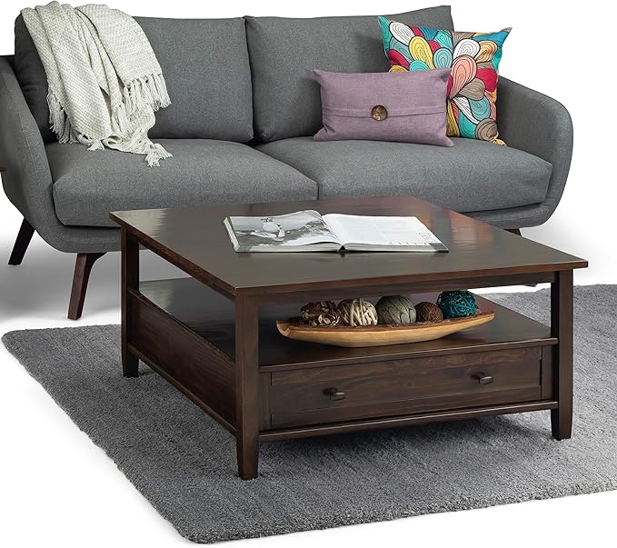 SIMPLIHOME Warm Shaker Square Coffee Table - 36 inch Wide Solid Wood Cocktail Table in Tobacco Brown, Transitional Living Room Table with Large Storage Drawer and Open Shelf for Sitting Area
