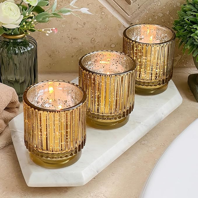 Kate Aspen Gold Votive Candle Holders - Vintage Ribbed Glass Candle Holder Set of 6 - Mercury Glass Tealight Holders for Christmas Table Decor, Holiday Centerpieces, Fall Thanksgiving Tablescape
