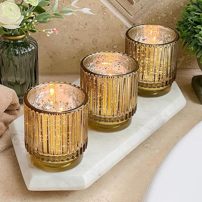 Kate Aspen Gold Votive Candle Holders - Vintage Ribbed Glass Candle Holder Set of 6 - Mercury Glass Tealight Holders for Christmas Table Decor, Holiday Centerpieces, Fall Thanksgiving Tablescape