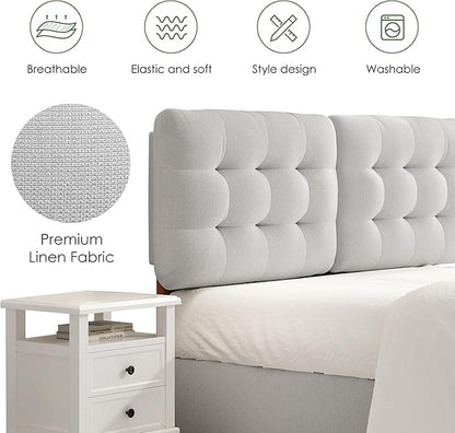 Upholstered Headboard Queen Size, Adjustable Height Queen Headboard Only from 39”to 44”with Durable Solid Wood Legs, Modern Button Diamond Fabric Bed Head Board with Width Adapters, Beige