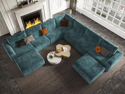 EASE MOOSE Oversized Sectional Cloud Couch, 9-Seat Modular Boneless Sofa Set with Deep Seat, No-Assembly Chenille Sofa for Living Room, Blue