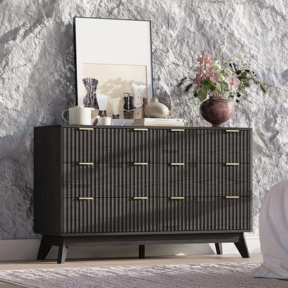 47'' Wide 6 Drawers Dresser for Bedroom,Modern Fluted Vertical Chest with Rounded Corners,Fluted Dresser for Living Room,Hallway, Black