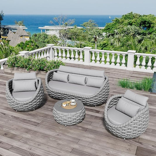 Woven Rope Patio Furniture Set: 4 Pieces Aluminum Outdoor Conversation Sofa Set Assembled - Modern Couch Set Cushioned - All Weather Metal Porch Seating for 5 Person Deck Garden Pool Hotel, Gray