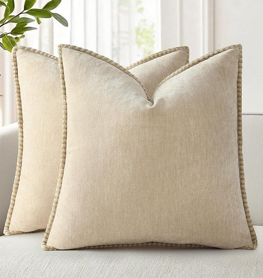 decorUhome Chenille Soft Throw Pillow Covers 18x18 Set of 2, Farmhouse Velvet Neutral Decorative Euro Pillow Covers with Stitched Edge for Couch Sofa Bed Home Decor, Beige