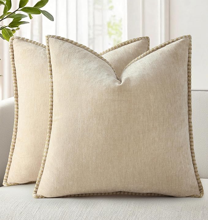 decorUhome Chenille Soft Throw Pillow Covers 24x24 Set of 2, Farmhouse Velvet Neutral Decorative Euro Pillow Covers with Stitched Edge for Couch Sofa Bed Home Decor, Beige