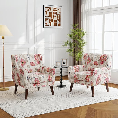 Accent Chairs Set of 2, Modern Fabric Armchairs for Living Room, Comfy Upholstered Arm Chairs Tufted for Indoor Bedroom Office Room (Pattern White)