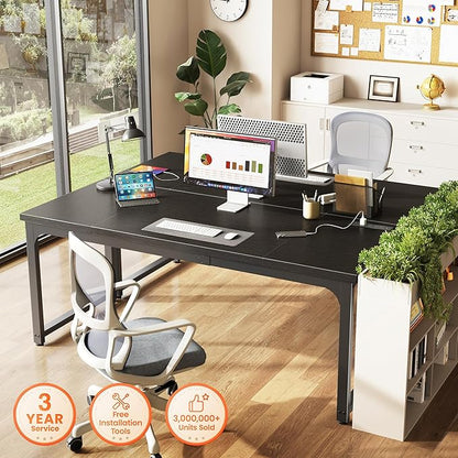 Huuger 63 x 24 inch Desk with Power Outlets & USB-C, Deeper & Thicker Desktop, Robust Metal Tubes, Computer Desk, Heavy Duty Office Desk, Work Gaming Desk, for Home Office, Black