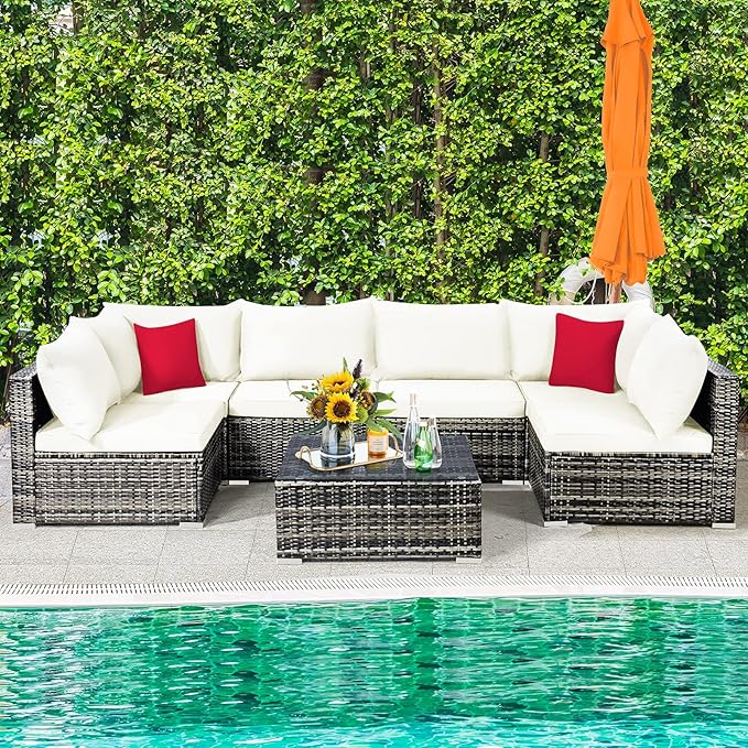 Tangkula 7 Pieces Patio Rattan Furniture Set, Patiojoy Outdoor Conversation Set with Cushions and Tempered Glass Coffee Table, All-Weather Sectional Sofa Set for Garden, Lawn, Backyard (White)