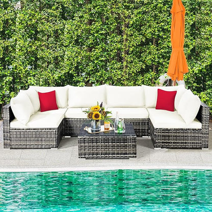 Tangkula 7 Pieces Patio Rattan Furniture Set, Patiojoy Outdoor Conversation Set with Cushions and Tempered Glass Coffee Table, All-Weather Sectional Sofa Set for Garden, Lawn, Backyard (White)