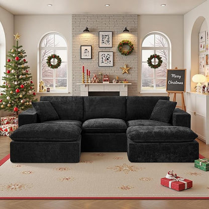 108" Sectional Couches for Living Room Boneless Couch Upholstered Cloud Couch Sectional Modular Sectional Sofa with L Shaped (Chenille-Black, 3 Seat+2 Ottoman)