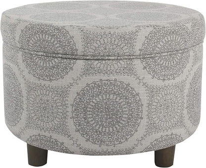 HomePop Home Decor | Upholstered Round Storage Ottoman | Ottoman with Storage for Living Room & Bedroom (Light Grey Medallion) Large