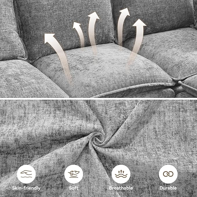 105" Cloud Modular 4 Seater Sofa with 2 Storage Ottoman, Modern Upholstered Sofa Storage Sofa Couch Deep Seat, U Shape Sectional Sofa Chenille Comfy Couch with Armrests for Living Room, Light Grey