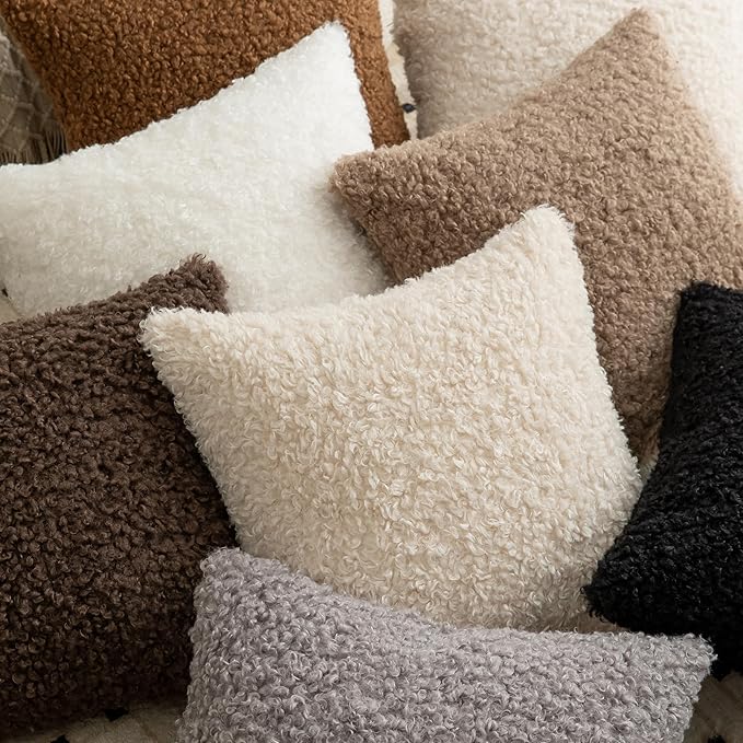 Pack of 2 Curly Teddy Wool Faux Fur Throw Pillow Covers Fuzzy Accent Soft Sherpa Pillowcases Sheepskin Fleece Decorative Cushion Case for Sofa Couch Living Room 22x22 Inch Neutral White