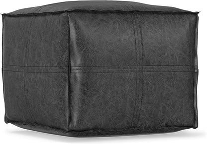 SIMPLIHOME Brody 18-inch Wide Square Pouf in Distressed Black Vegan Faux Leather, Boho-Style Ottoman, Footstool or Extra Seating for Living Room, Assembled