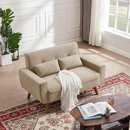 48.8" Small Loveseat Sofa, Mid Century Modern Love Seat Couch with Back Cushions and Plastic Legs, 2 Seater Couches for Living Room, Bedroom, Small Spaces, Beige