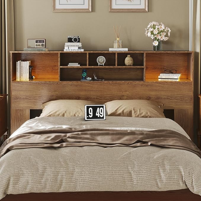 Apicizon King Size Headboard Only, King Bookcase Headboard with Charging Station for Bedroom, Storage Bookcase with USB & 2 Power Outlets, Brown