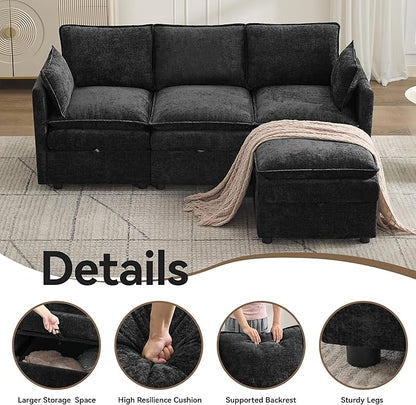 80" Cloud Modular 3 Seater Sofa with Storage Ottoman, Modern Upholstered Storage Sofa Couch Deep Seat, L Shape Sectional Sofa Chenille Comfy Couch with Armrests for Living Room, Small Space, Black