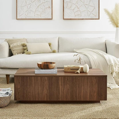 Henn&Hart 48" Rectangular Low-Profile Wood Coffee Table for Living Room, Family Room, or Office, Satin Walnut
