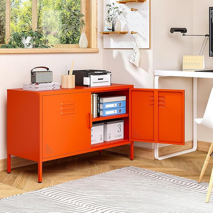 SISESOL Orange Metal Storage Cabinet with Doors and Shelves,2 Door Wide Metal Locker Accent Storage Cabinet with Leg & Vent Hole,Wide TV Cabinets,Low Side Cupboard for Home,Office,Dining/Living Room