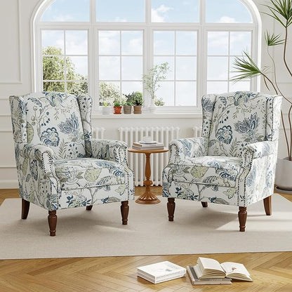 Accent Chair, Upholstered High Back Floral Armchair with Nailhead Trim & Wood Legs, Comfy Wingback Reading Single Sofa Chair for Small Spaces, Living Room, Bedroom ( Plants Blue Floral, Set of 1)