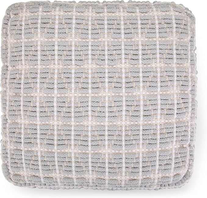 SIMPLIHOME Noreen Boho Square Pouf in Light Blue, White Handloom Woven Pattern for the Living Room, Bedroom and Kids Room