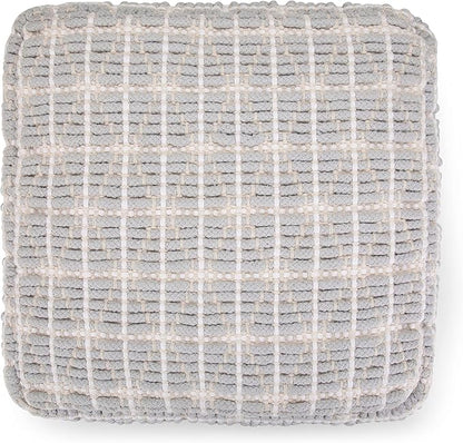 SIMPLIHOME Noreen Boho Square Pouf in Light Blue, White Handloom Woven Pattern for the Living Room, Bedroom and Kids Room