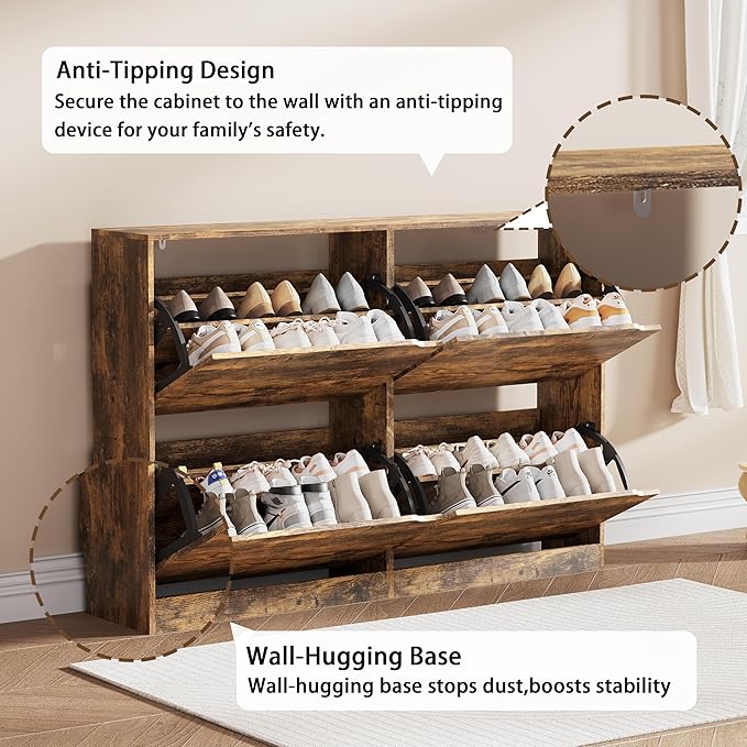 Shoe Storage Cabinet, Wood Shoe Organizer for Entryway with 4 Flip Drawers, Freestanding Shoe Rack with Adjustable Shelf, Narrow Shoe Dresser for Front Door Entrance(Brown, 47.24" x 32.28" x 9.44")