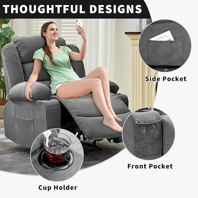 Large Recliner Chair for Adults Overstuffed Fabric Manual Pull Tab Recliner with Cup Holders, Side Pocket, 3-Position Recline, Minimalist Style Single Sofa Chair for Living Room Bedroom, Gray