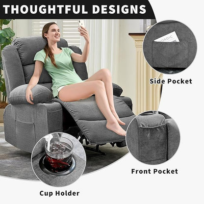 Large Recliner Chair for Adults Overstuffed Fabric Manual Pull Tab Recliner with Cup Holders, Side Pocket, 3-Position Recline, Minimalist Style Single Sofa Chair for Living Room Bedroom, Gray