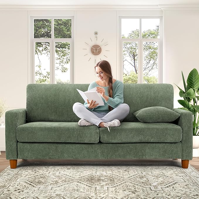 70in Corduroy Couch, Kidirect Sofa No Tool Assembly, Comfy Couches for Living Room 21in Deeper Seats, Corduroy Sofas for Living Room with 2 Pillows, Oversized Loveseat Sofa, Boho Love Seat Green Couch