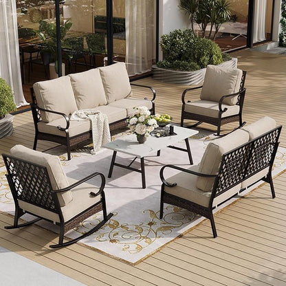 5 Piece Metal Outdoor Patio Furniture Set, Patio Conversation Sets, Outdoor Seating Furniture 3-Seater Sofa, 2 Leg Chair and 2 Swivel Chair with 5.75" Cushion for Backyard Deck, Beige