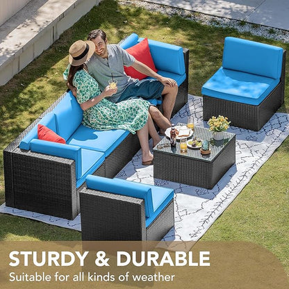 Devoko 7 Pieces Outdoor Sectional Sofa Patio Furniture Sets Manual Weaving Wicker Rattan Patio Conversation Sets with Cushion and Glass Table (Blue)